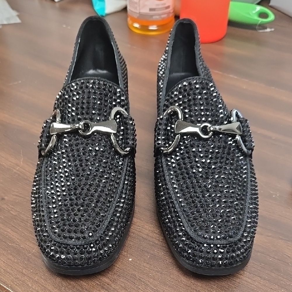 Bibi Lou Size 39 Black Astracan Rhinestone Studded Loafers